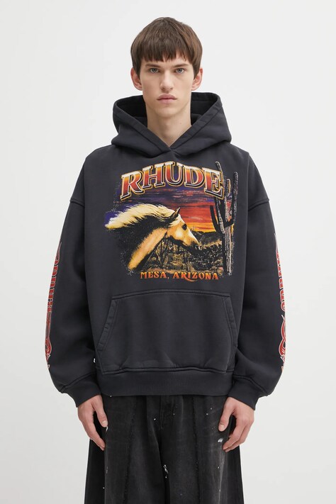 RHUDE bluza bawełniana Mesa stallion męska kolor czarny z kapturem wzorzysta RHFW25HO04012