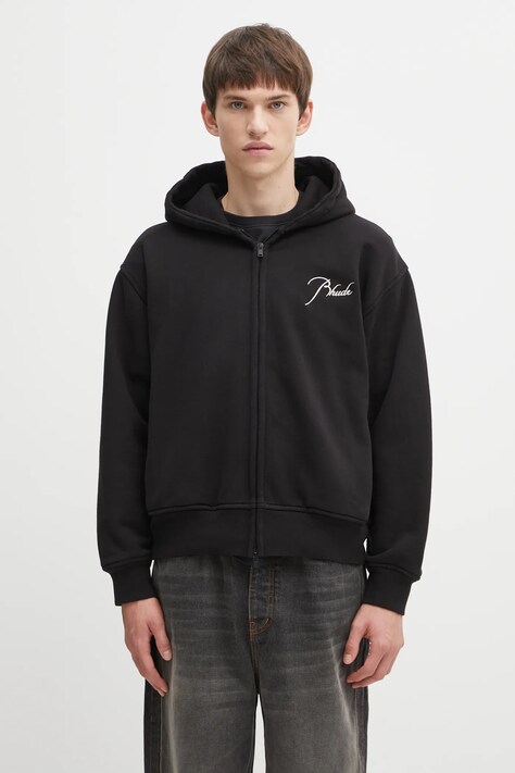 RHUDE bluza bawełniana Classique zip up męska kolor czarny z kapturem z aplikacją RHFW25HO05012
