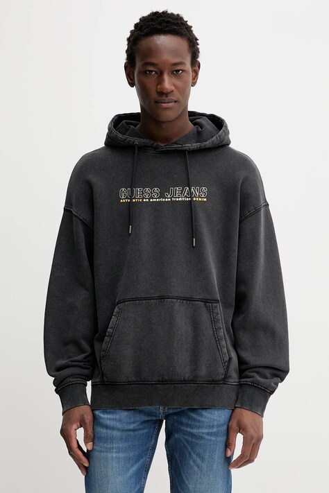 Bombažen pulover Guess Jeans moški, siva barva, s kapuco, M5BQ30 KCPR1