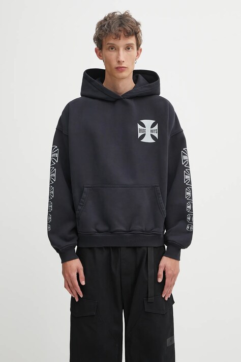RHUDE bluza bawełniana męska kolor czarny z kapturem z nadrukiem RHPF25HO06012