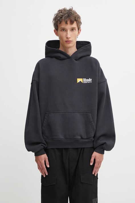 RHUDE bluza bawełniana International Racing Logo męska kolor czarny z kapturem z nadrukiem RHPF25HO07012