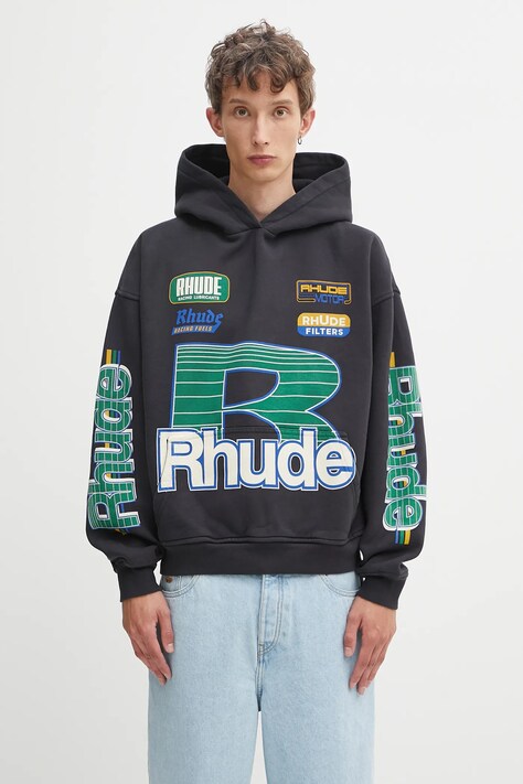 RHUDE bluza bawełniana Roadway Racing męska kolor czarny z kapturem z nadrukiem RHPF25HO08012