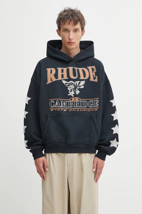 RHUDE bluza bawełniana Cambridge State Champs męska kolor czarny z kapturem z nadrukiem RHPF25HO10012