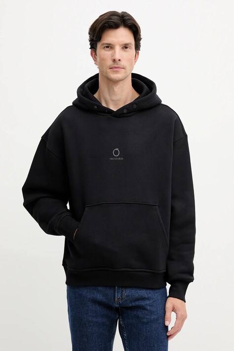 Trussardi bluza bawełniana męska kolor czarny z kapturem z nadrukiem G8038000022N