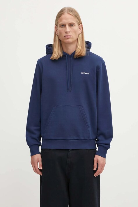 Carhartt WIP bluza bawełniana Hooded Script Embroidery Sweat męska kolor niebieski z kapturem gładka I035392.3CCXX
