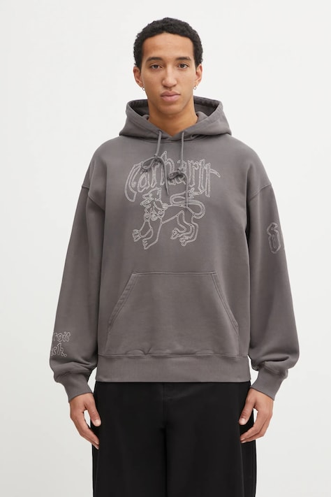 Carhartt WIP bluza bawełniana Hooded Hackwork Sweat męska kolor brązowy z kapturem z aplikacją I035641.3EGXX