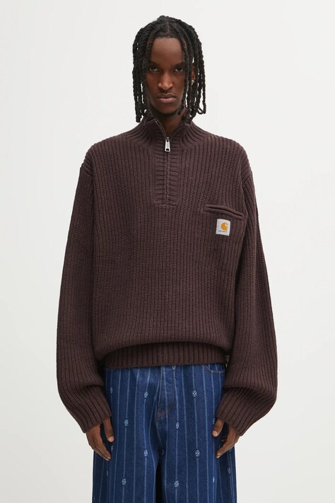 Carhartt WIP sweter z dodatkiem wełny Detroit Half Zip Sweater męski kolor brązowy ciepły I035398.33HXX