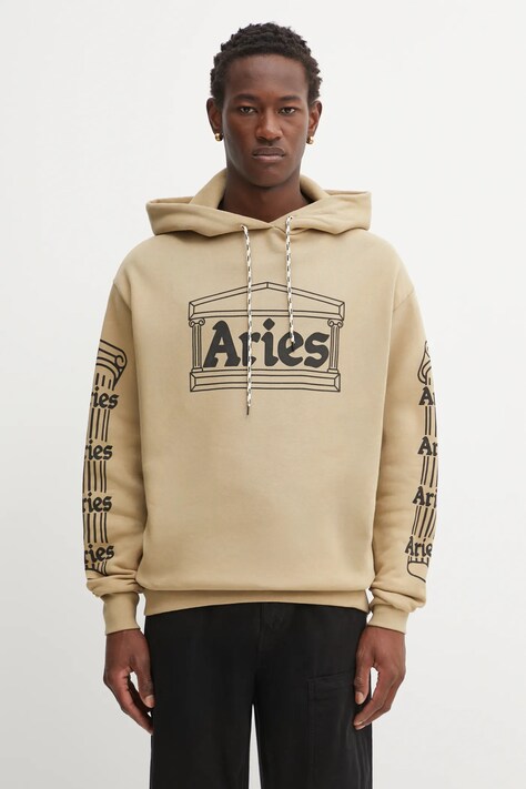 Aries bluza bawełniana Temple męska kolor beżowy z kapturem wzorzysta AR2001204