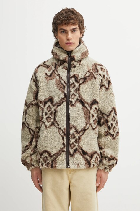 Daily Paper bluza polarowa Burned Shield Sherpa Hoodie męska kolor beżowy z kapturem wzorzysta 2521134