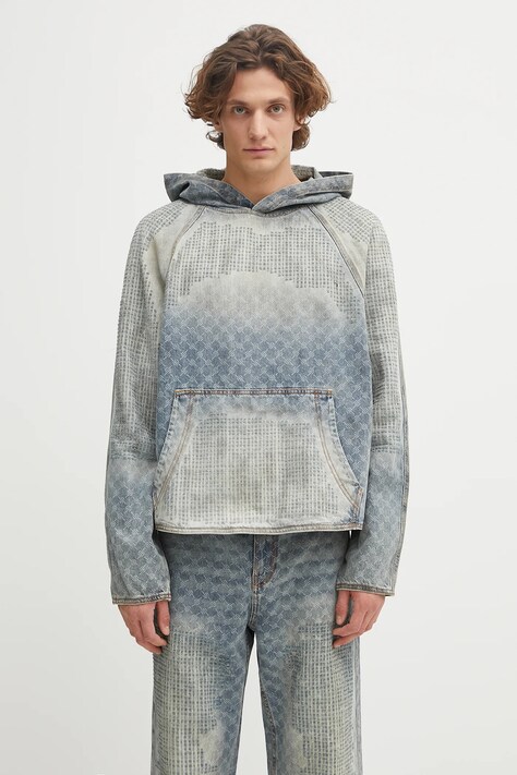 Daily Paper bluza jeansowa Destroyed Denim Hoodie męska kolor niebieski z kapturem wzorzysta 2521025