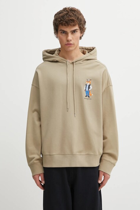 Maison Kitsuné bluza bawełniana Dressed Fox Oversize męska kolor beżowy z kapturem z nadrukiem PM00707KM0340