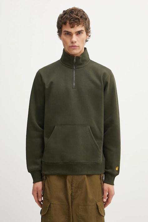 Carhartt WIP bluza Chase Neck Zip męska kolor zielony z kapturem gładka I033665.3CBXX