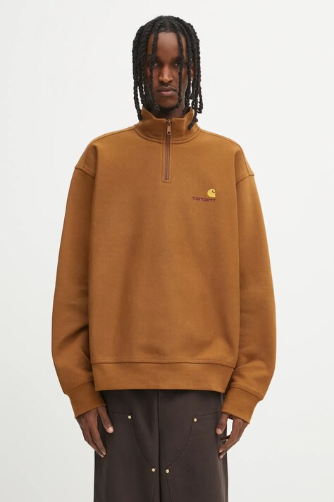 Carhartt WIP bluza Half Zip American Script męska kolor brązowy z aplikacją I027014.HZXX