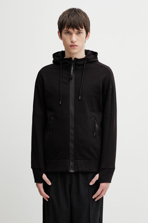 Bavlněná mikina C.P. Company pánská, černá barva, s kapucí, hladká, RCCMSS715A005086W