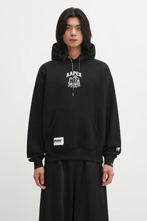 AAPE bluza Aaper Hoodie męska kolor czarny z kapturem z nadrukiem AAPSWMC370XXP