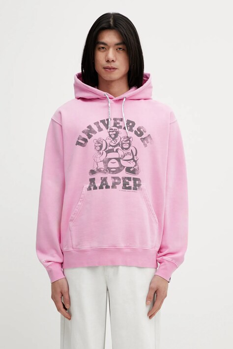 AAPE bluza bawełniana męska kolor różowy z kapturem wzorzysta AAPSWMC369XXP
