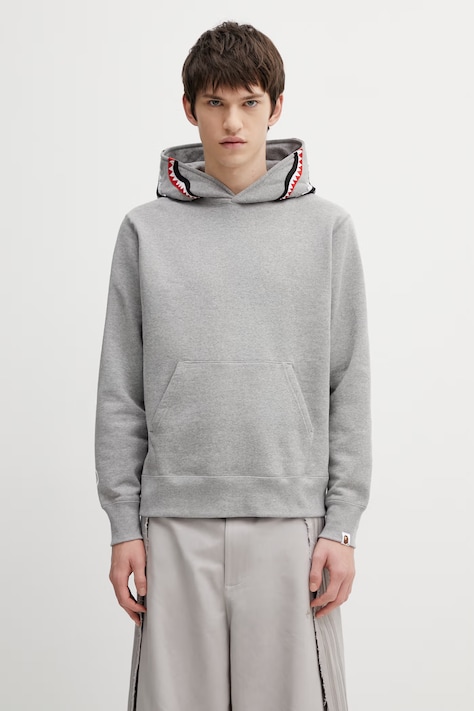 A Bathing Ape bluza bawełniana Shark męska kolor szary z kapturem z aplikacją 001PPL801301M