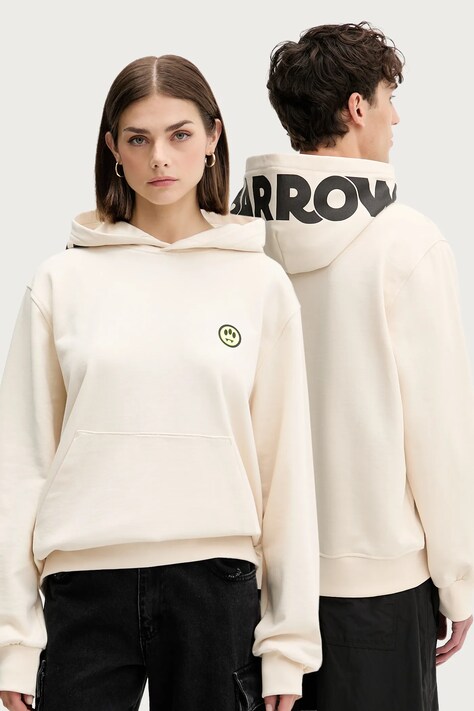 Pamučna dukserica Barrow boja: bež, s kapuljačom, s tiskom, F5BWUAHS058