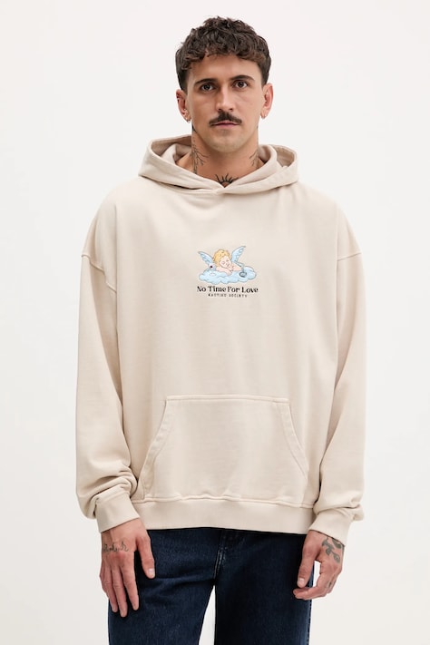 Хлопковая кофта Kaotiko цвет бежевый с капюшоном с аппликацией AR014-01-G002