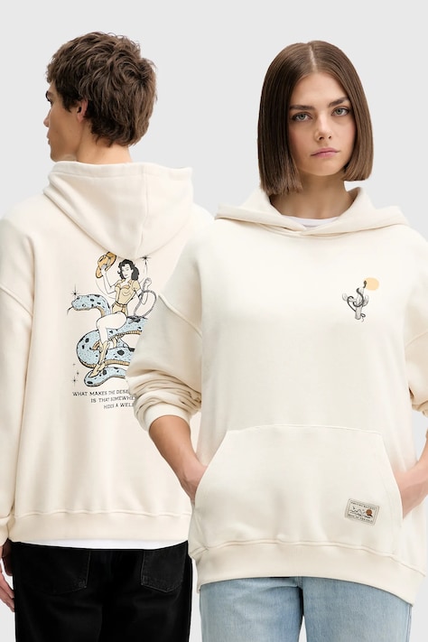 Bavlněná mikina Kaotiko béžová barva, s kapucí, s potiskem, AR026-01S-M002