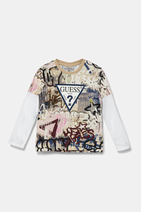 Guess longsleeve din bumbac pentru copii culoarea bej, cu imprimeu, N5YI09 K8HM4
