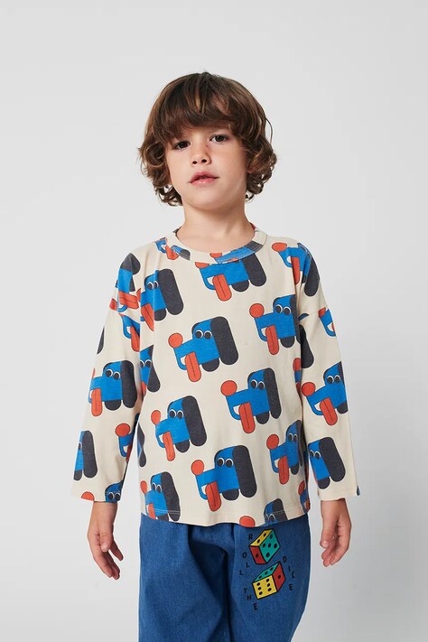 Bobo Choses longsleeve din bumbac pentru bebeluși Doggy Mate culoarea bej, cu imprimeu, 225AC010