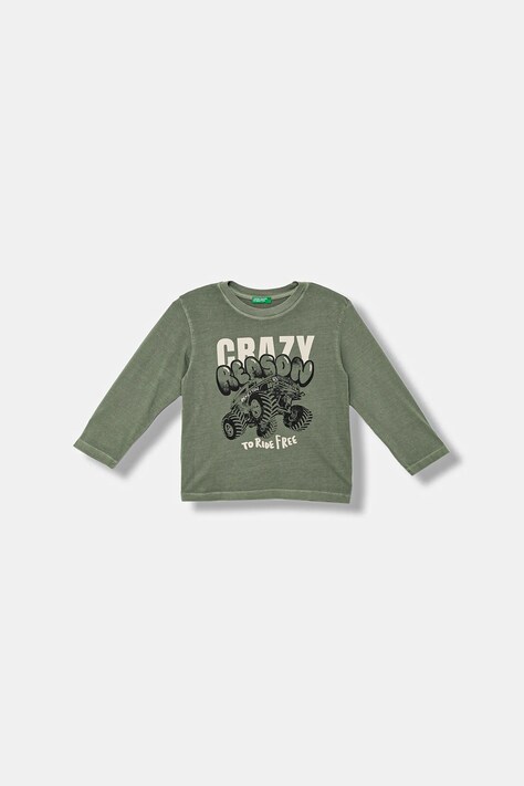 United Colors of Benetton longsleeve din bumbac pentru copii culoarea verde, cu imprimeu, 3PCMG10K6