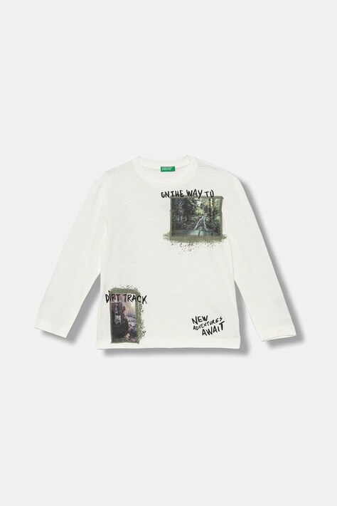 United Colors of Benetton longsleeve bawełniany dziecięcy kolor biały z nadrukiem 3TAMC10PV