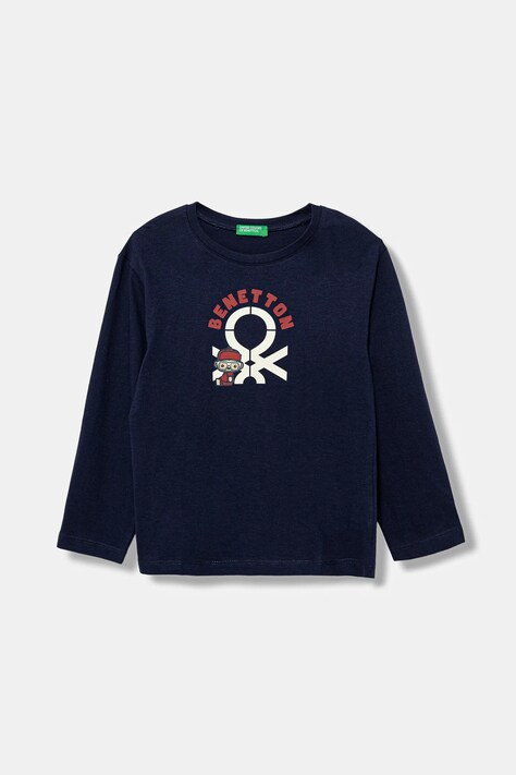 United Colors of Benetton longsleeve bawełniany dziecięcy kolor granatowy z nadrukiem 3I1XG10F2
