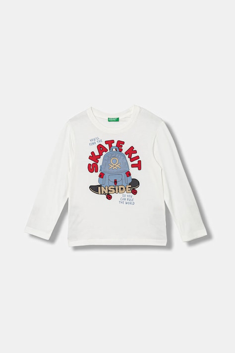 United Colors of Benetton longsleeve din bumbac pentru copii culoarea alb, cu imprimeu, 3I1XG10KQ