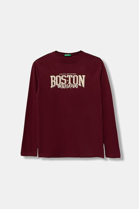 United Colors of Benetton longsleeve din bumbac pentru copii culoarea bordo, cu imprimeu, 3JERC10QO