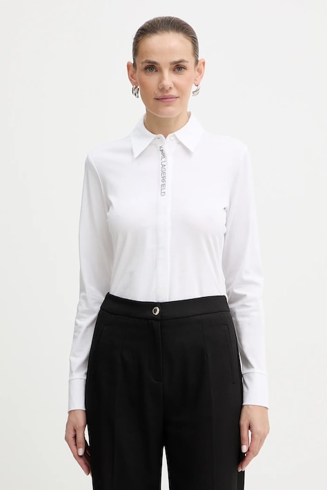Karl Lagerfeld cămașă din bumbac ELONGATED LOGO culoarea alb, cu guler clasic, regular, A3W17103
