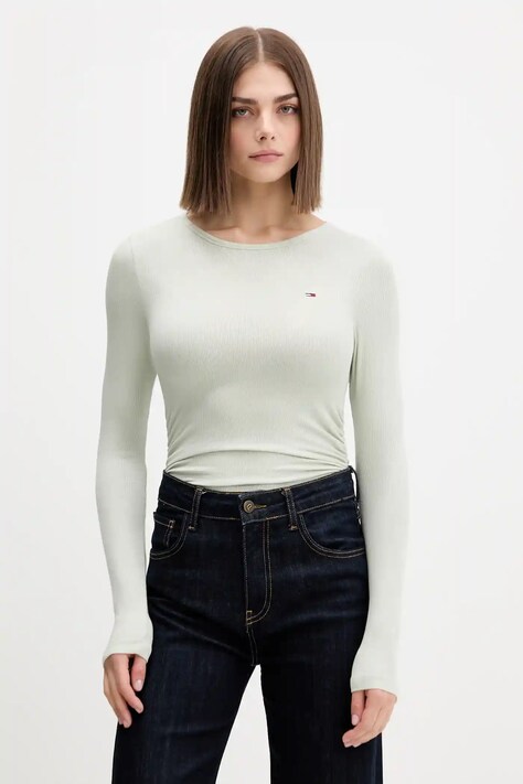 Tričko s dlouhým rukávem Tommy Jeans zelená barva, DW0DW21568