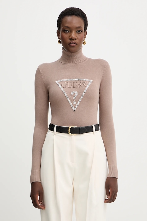 Guess sweter MELANIE damski kolor beżowy lekki z golfem W5BR39 Z2NQ2