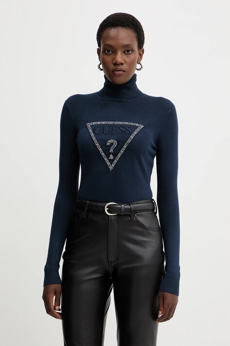 Guess sweter MELANIE damski kolor granatowy lekki z golfem W5BR39 Z2NQ2