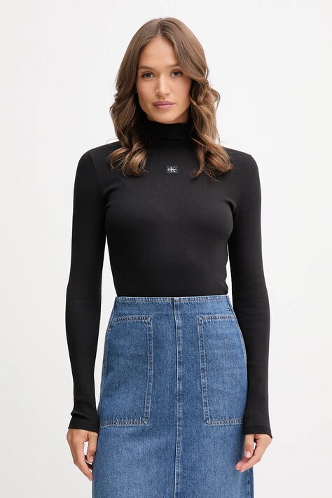Tričko s dlouhým rukávem Calvin Klein Jeans černá barva, s pologolfem, LV047D203G