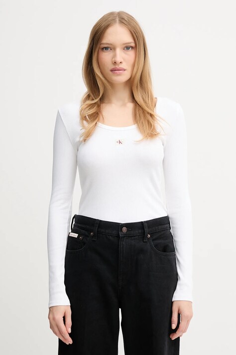 Tričko s dlouhým rukávem Calvin Klein Jeans bílá barva, LV047D218G