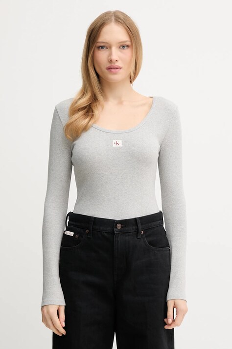 Tričko s dlouhým rukávem Calvin Klein Jeans šedá barva, LV047D218G