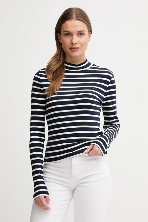Bavlnené tričko s dlhým rukávom Tommy Hilfiger tmavomodrá farba, s polorolákom, WW0WW47307