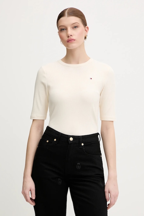 Kratka majica Tommy Hilfiger ženska, bež barva, WW0WW47308