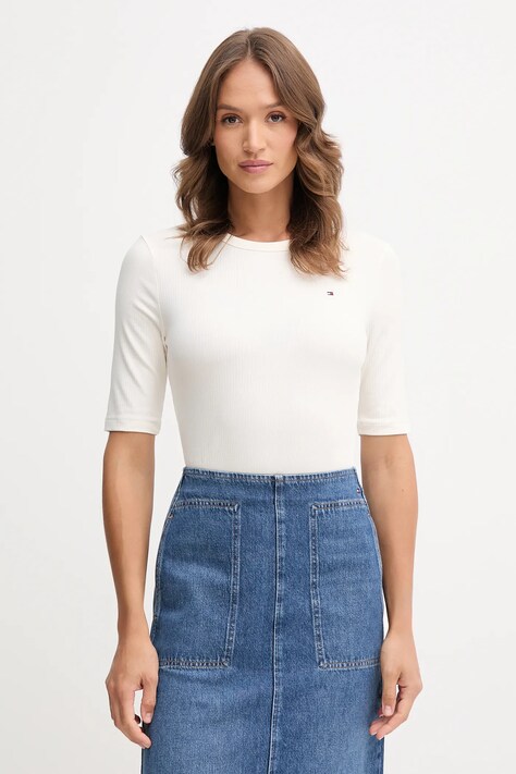 Tričko Tommy Hilfiger dámské, béžová barva, WW0WW47308