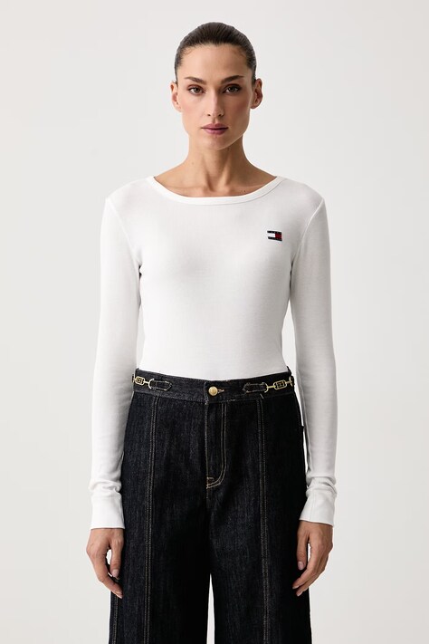 Tommy Hilfiger Longsleeve damski z bawełną beżowy UW0UW06066