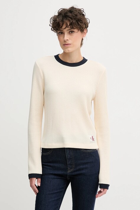 Tričko s dlouhým rukávem Calvin Klein Jeans béžová barva, LV047D225G