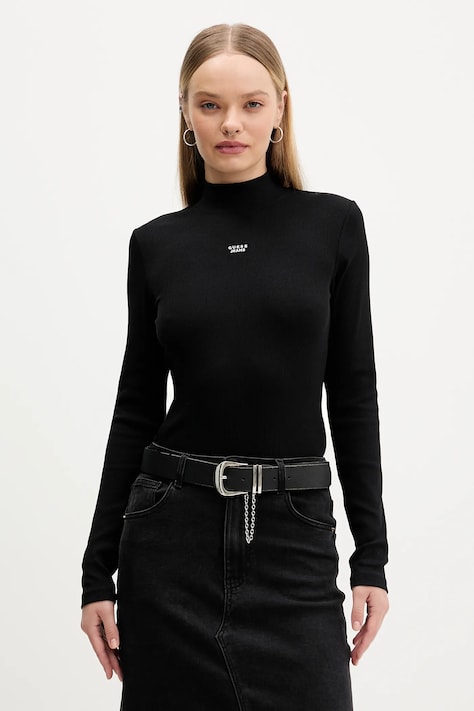 Блуза с дълги ръкави Guess Jeans в черно с ниско поло W5BP23 KA0H1