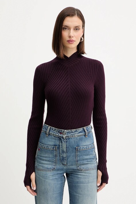 Victoria Beckham sweter wełniany damski kolor bordowy lekki z półgolfem 1425KTP006804A