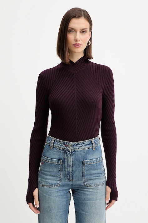 Vlněný svetr Victoria Beckham dámský, vínová barva, s pologolfem, 1425KTP006804A