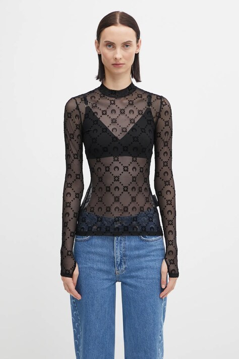 Marine Serre bluzka Moonogram Mesh Flock damska kolor czarny wzorzysta WTO388ACJER0005