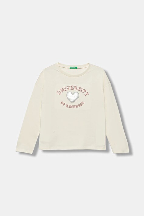 Otroška bombažna majica z dolgimi rokavi United Colors of Benetton bež barva, 3I1XG10KL