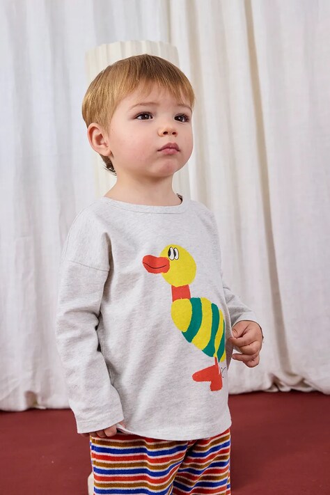 Detské bavlnené tričko s dlhým rukávom Bobo Choses Striped Duck šedá farba, s potlačou, 225AB038