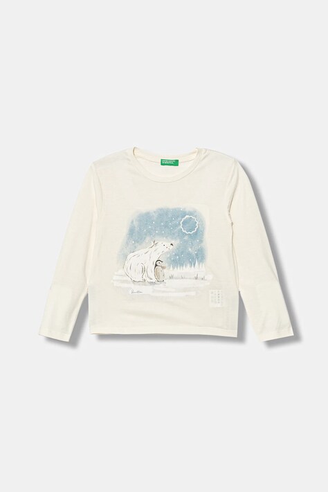 United Colors of Benetton longsleeve bawełniany dziecięcy kolor beżowy z nadrukiem 3ATNG10L9